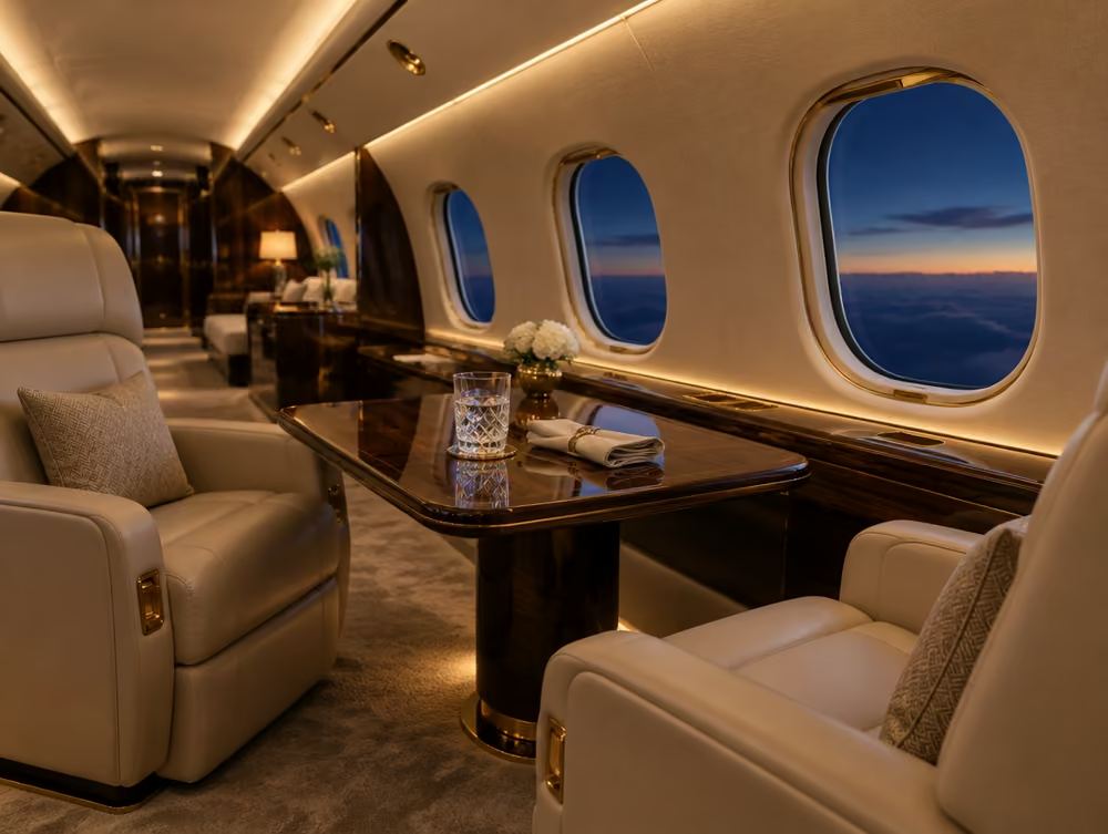 Cream leather seats and a walnut table in a private jet cabin at dusk